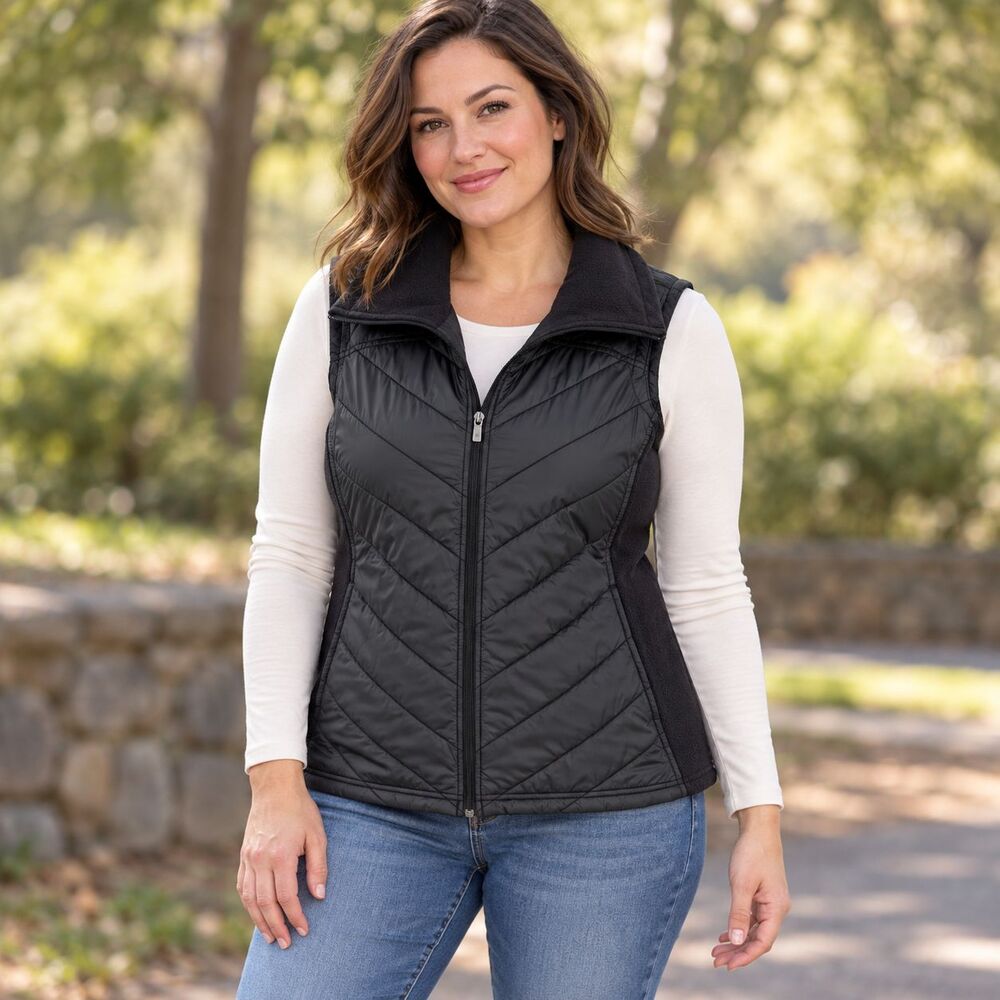 Columbia Mix It Around Vest Womens Large Black Quilted Fleece Full Zip Insulated